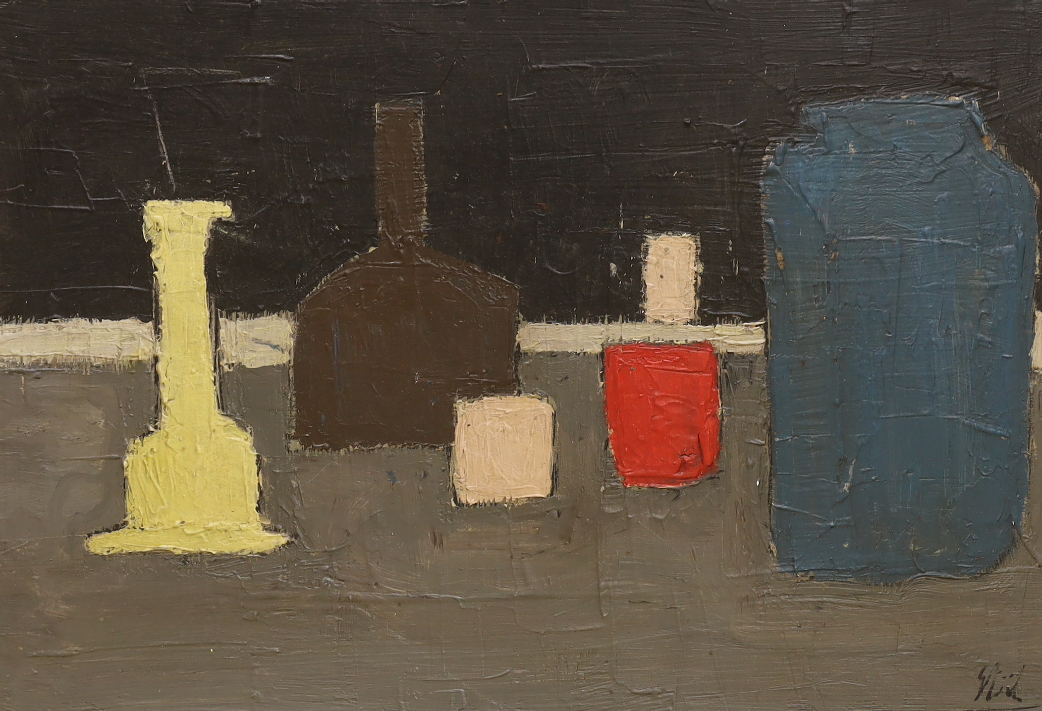 After Nicholas De Stael (1914-1955) abstract impasto oil on board, Still life of vessels, 75 x 50cm